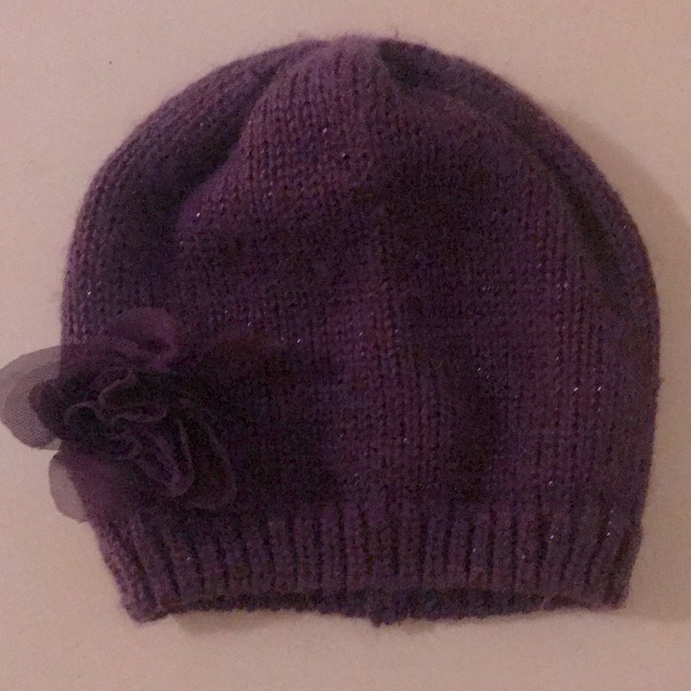 Purple Knitted Sparkly Hat with flower